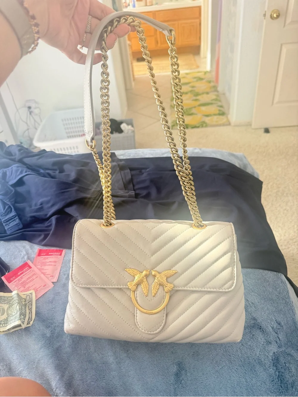 PINKO Love Bag Chevron Greige Leather Gold Chain Shoulder Bag